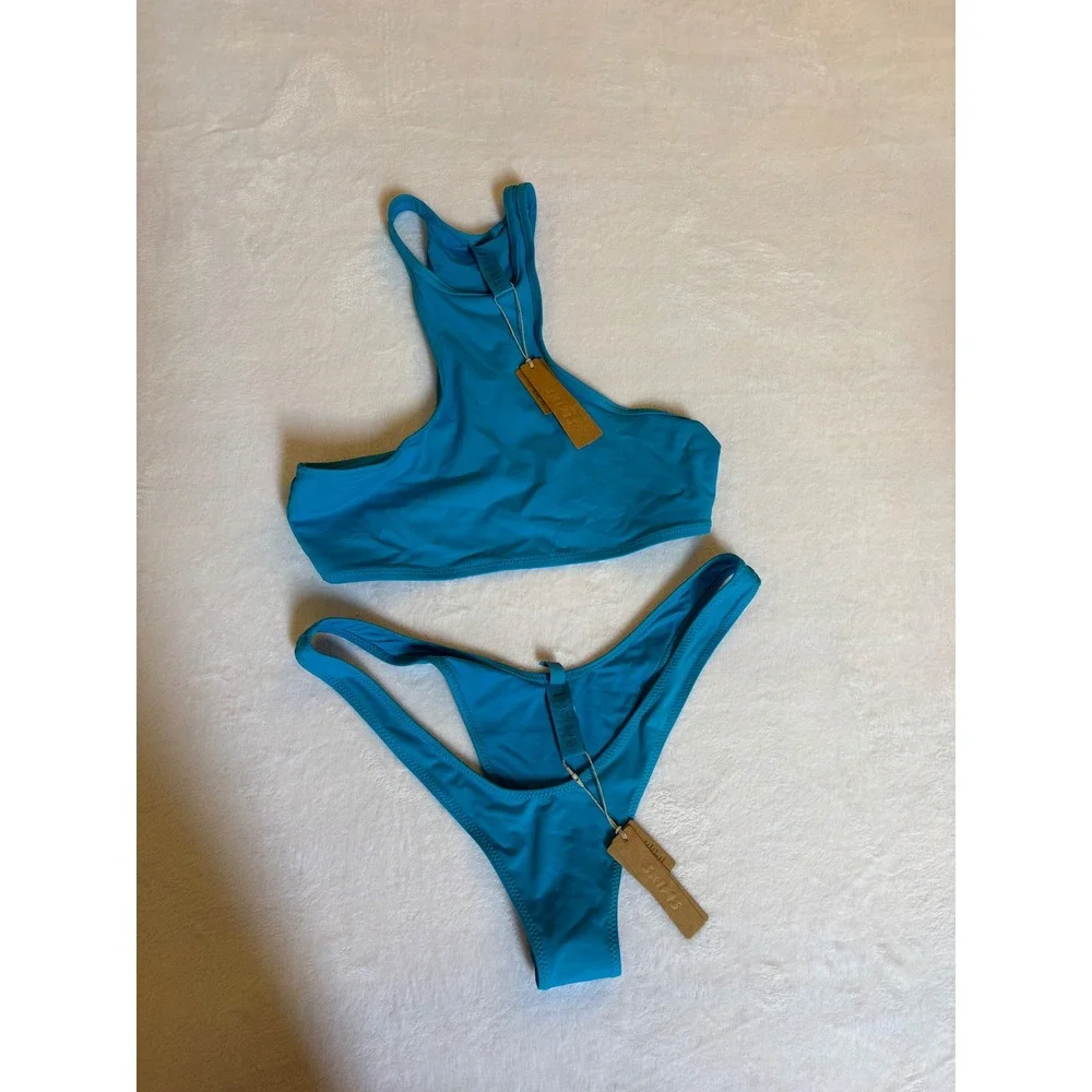 SKIMS Recycled Swim High Neck Racerback Top M & Micro Tanga Bottom L Turquoise